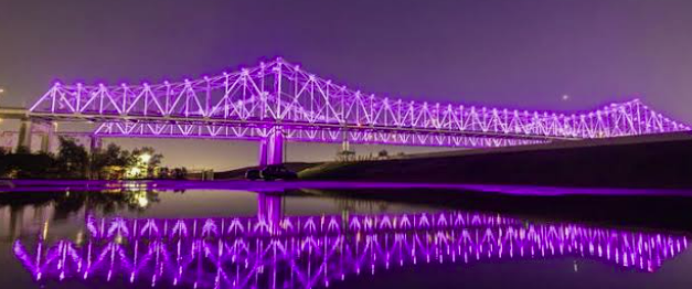 New Orleans bridge illuminated at night, reflected in still water